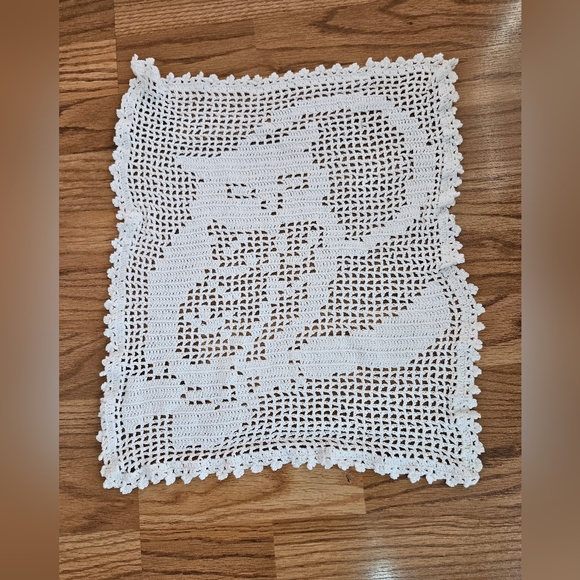 Handmade Other - White Crochet Cat Design Doily